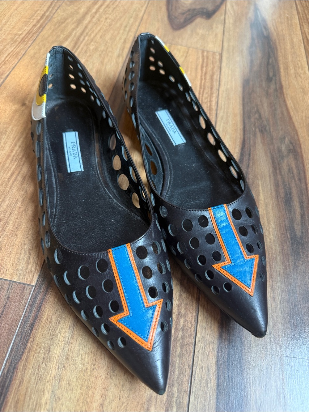 Prada Black and Blue Arrow Flats 38.5